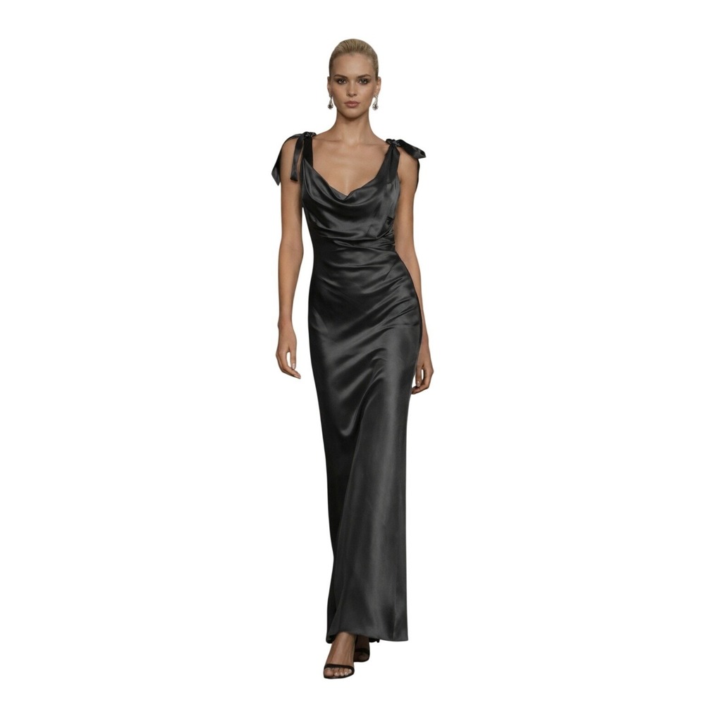 Petal and Pup Gray Satin Cowl Neck Tie Shoulder Maxi Dress‎ Size M NEW